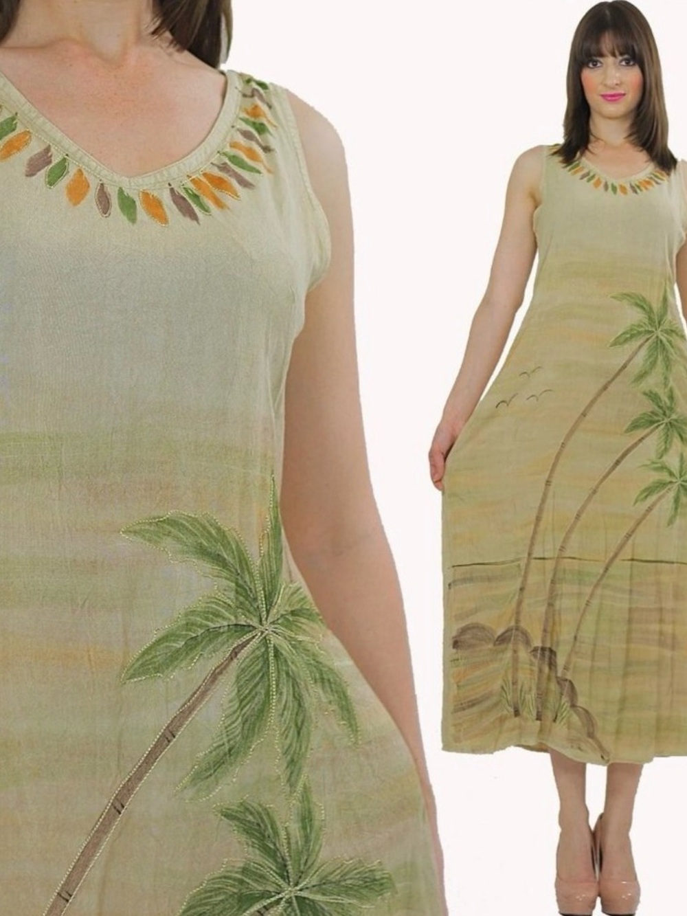 raya sun Light Olive Palm-Print Sleeveless Maxi Dress